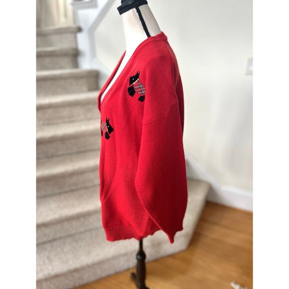 Vintage 90s Red V-Neck Velvet Tartan Scottie Dog Sweater Christmas Holiday Ugly - Picture 3 of 7